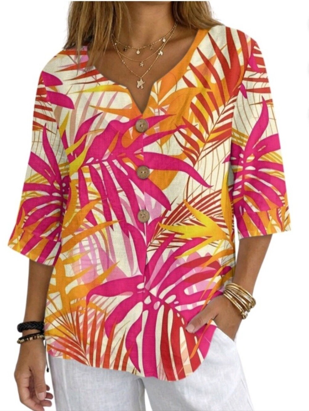 3/4 Sleeve Tunic Top Size XL Linen Blend Tropical Print Cathy Women's New
